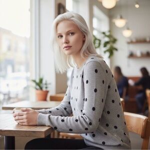 Cynthia Rowley Light Gray with Black Polka Dot Sweater cashmere large crew neck